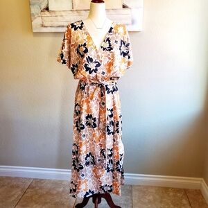ALEXIA ADMOR | Iris Dolman Sleeve Faux-Wrap Dress in Beige Floral sz 3X